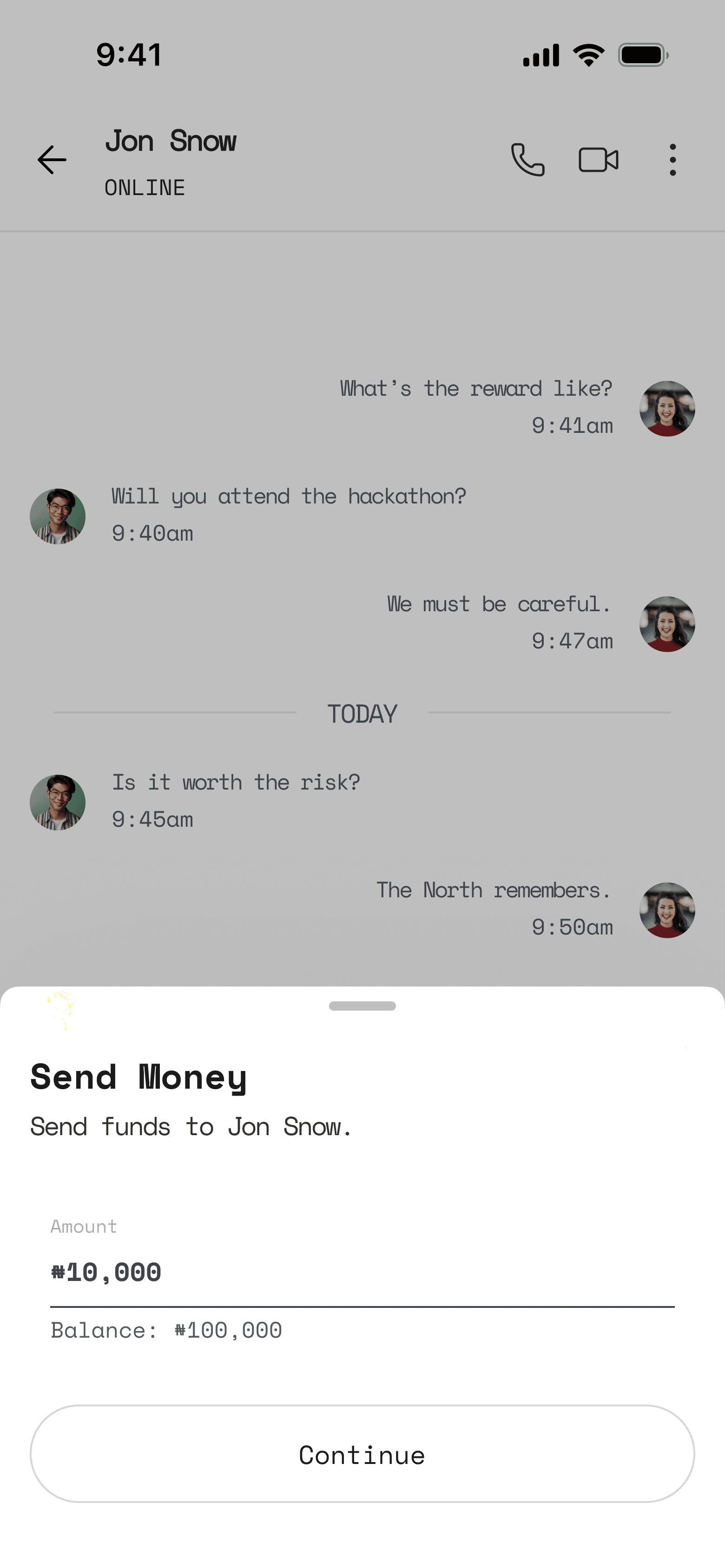 Beevia in-chat send money screen showing the amount entry sheet