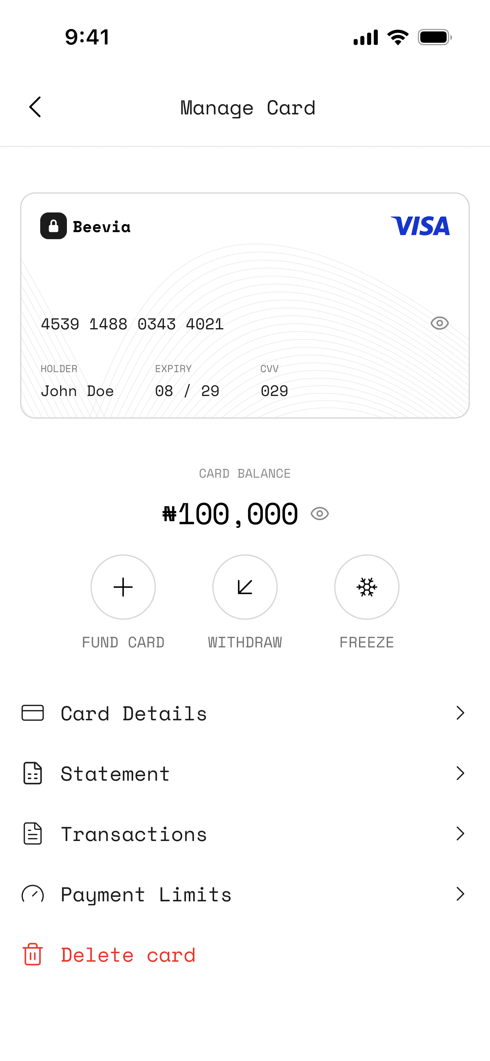 Beevia virtual card screen